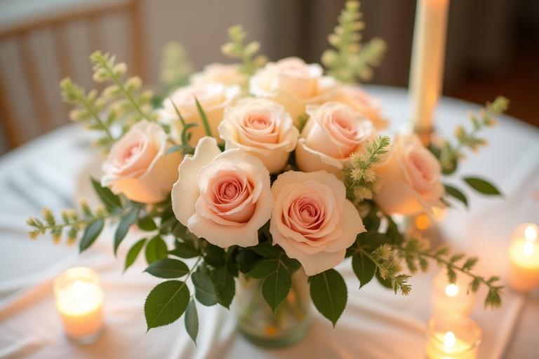 A delicate and romantic table centerpiece with pastel-colored roses and foliage.