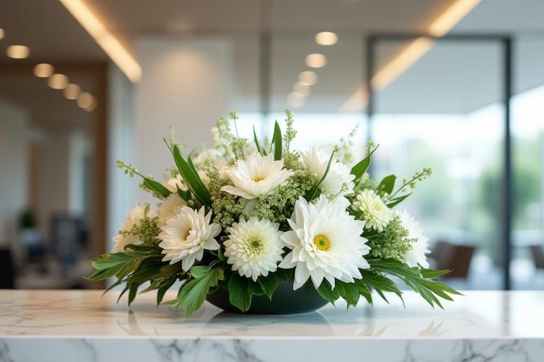 A modern and architectural floral arrangement on a corporate reception desk.