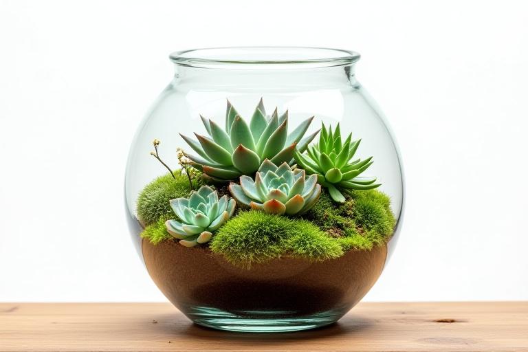 An intricate glass terrarium filled with lush succulents and moss.