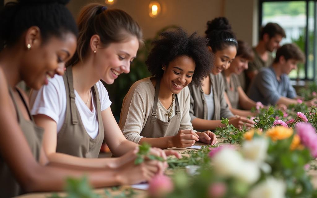 A group of people smiling and creating floral arrangements during a workshop at Brolga Botanicals.